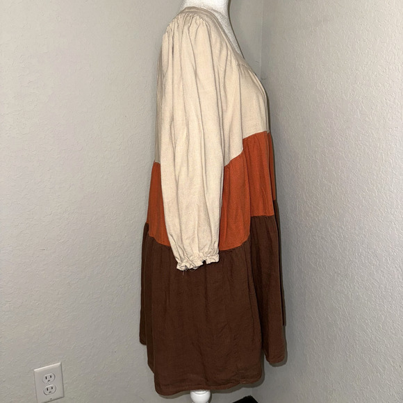 Umgee Tiered Dress Women’s 2XL Colorblock Linen Square Neck 3/4 Ruffle Sleeve - Picture 2 of 9